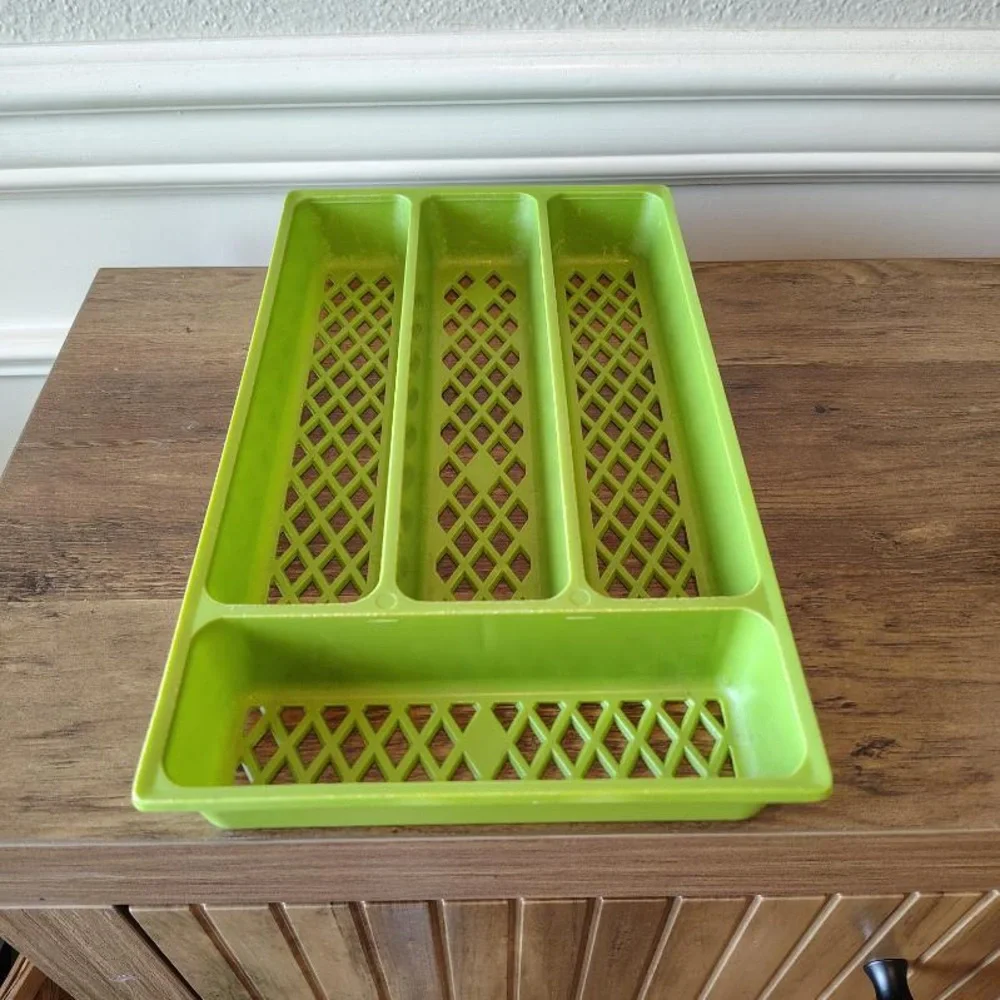 Vtg Plastic Utensil Drawer Organizer Silverware Holder Lattice Avocado Green